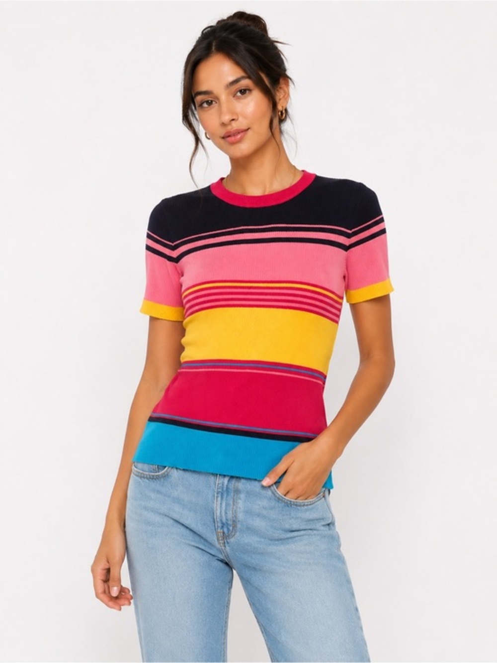 Colorful Striped Ribbed Knit Top - Size Medium